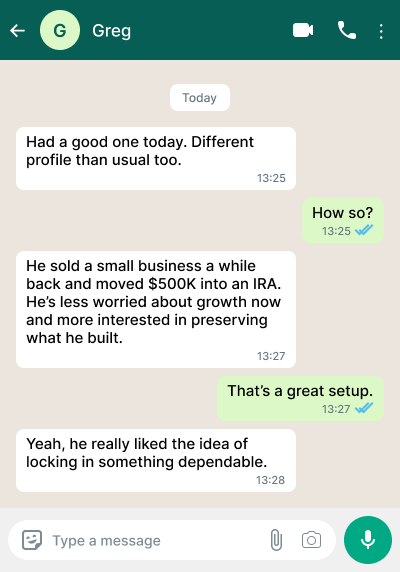 Screenshot of advisor confirming closed annuity case driven by Century Digital campaign